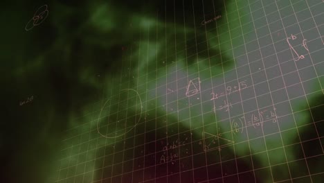 Animation-of-mathematical-equations-over-green-shapes-on-black-background