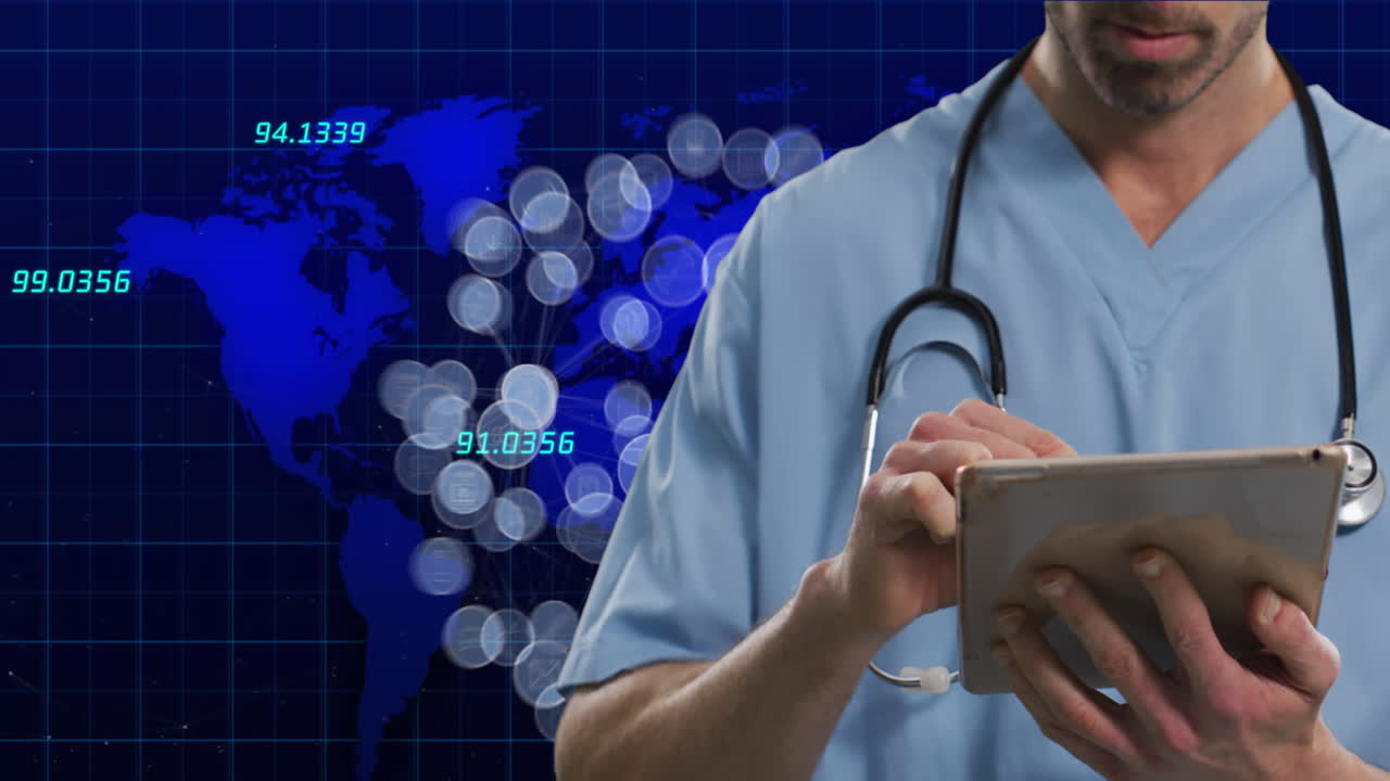 animación de un médico caucásico usando una tableta sobre el mapa del mundo