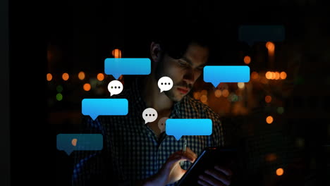 using smartphone, man surrounded by blue chat bubbles in dark animation setting