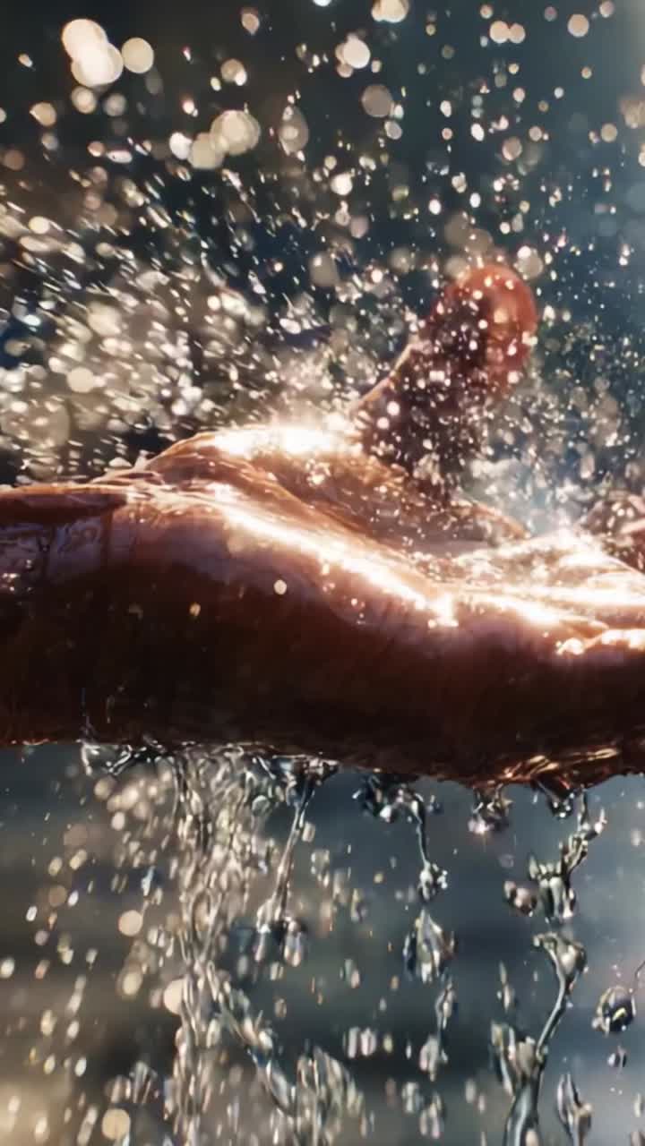 Captivating Moments of Water and Light: A Close-Up Exploration of Sparkling Water Droplets Gliding Off a Beautifully Outstretched Hand in Nature's Embrace