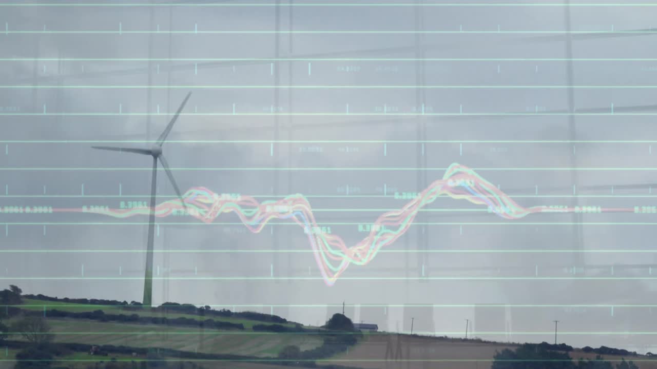 시골에서 풍력 터빈을 통해 금융 데이터 처리의 애니메이션
