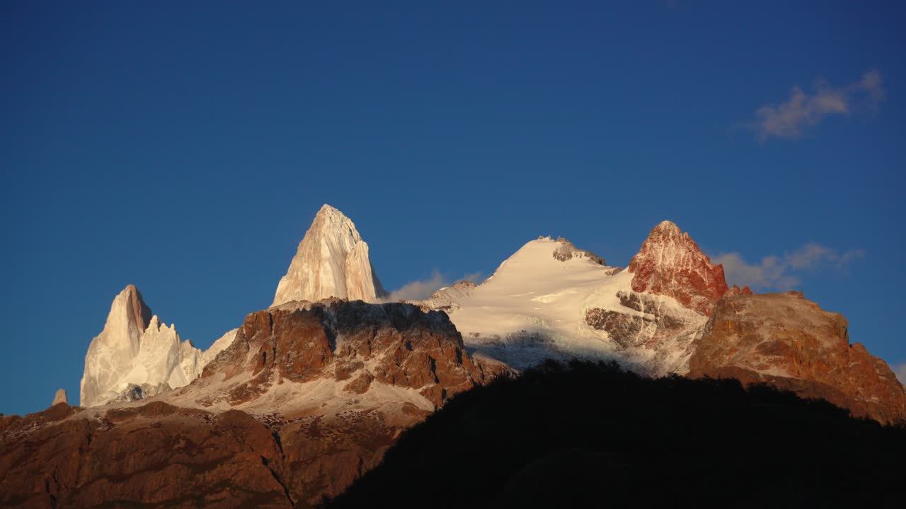 Timelapse showing clouds over Mount Fitz Roy's enormous granite walls in Patagonia, Argentina.