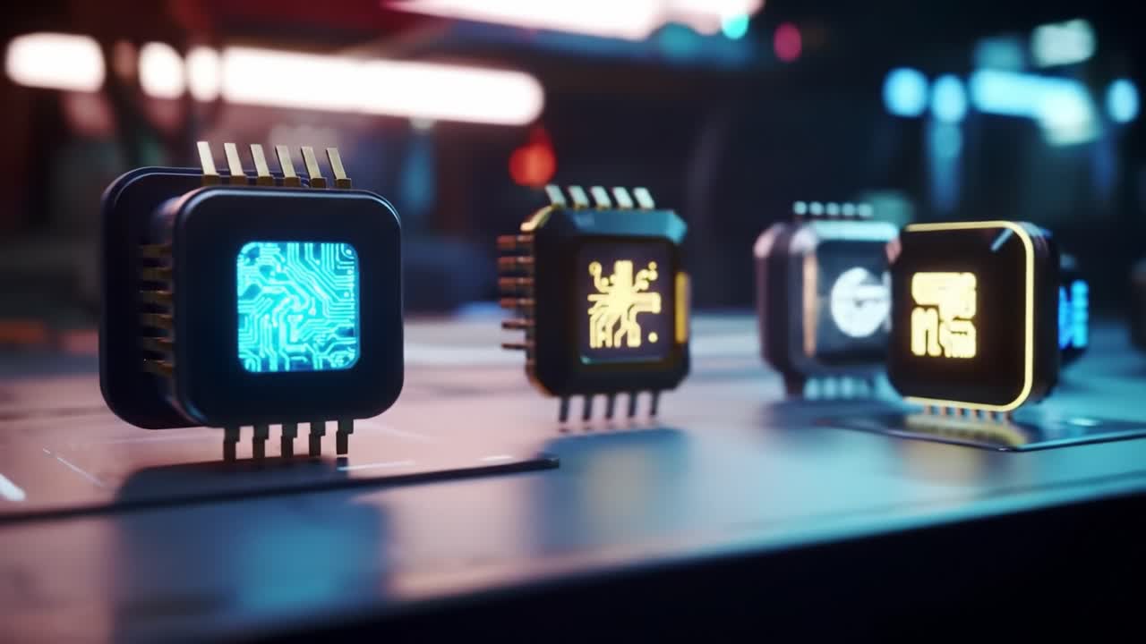 High-tech microchips are showcased in a modern lab setting, highlighting innovative designs and glowing elements. This exploration emphasizes advancements in technology and engineering.