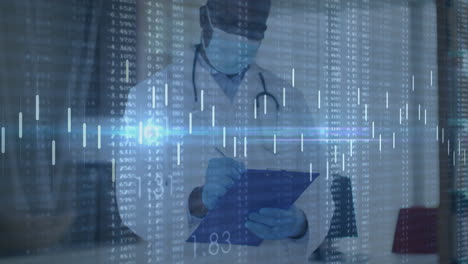 analyzing medical statistics, doctor using digital interface in hospital setting