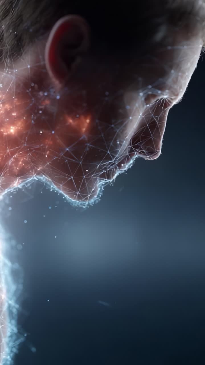 Un ritratto etereo che ritrae una figura umana con un'affascinante combinazione di luce e particelle digitali, evidenziando l'interazione tra umanità e tecnologia in un ambiente cosmico