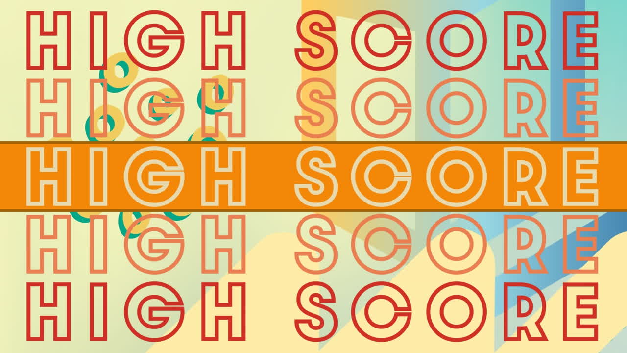 Animation of high score text repeated over shapes on green background