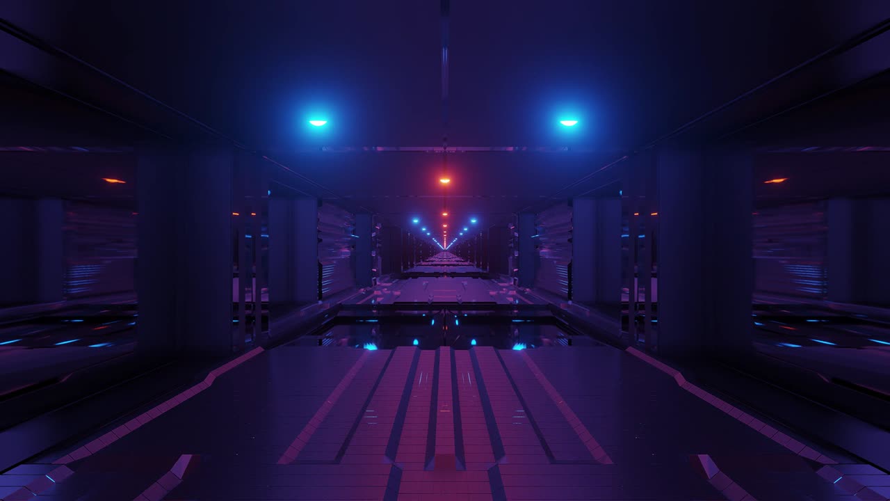 corridoio di tunnel spaziale sci-fi futuristico con luci luminose e finestre di vetro e fondo