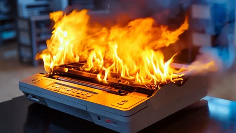 A printer on fire on a table in a room