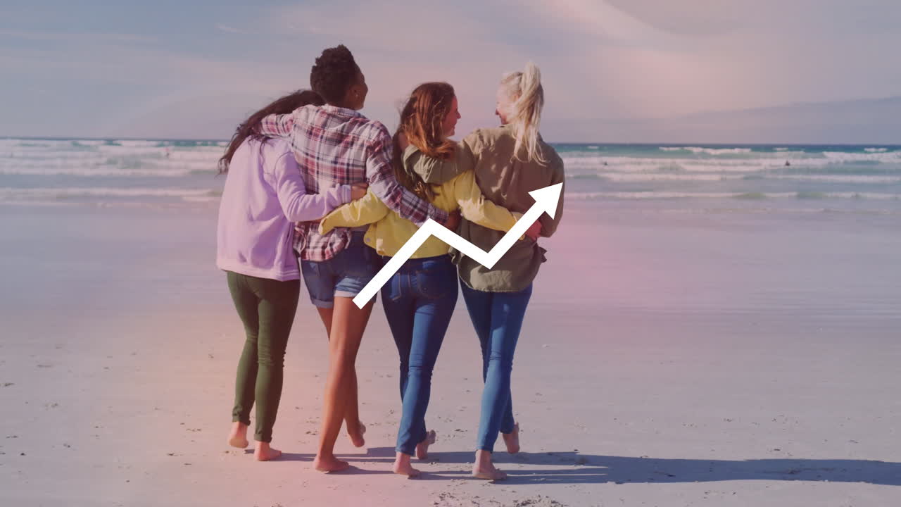 Four friends walking on beach with upward arrow animation over them