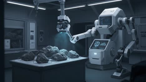 advanced robotic arm analyzing unidentified rocks in a high-tech laboratory setting, showcasing precision and technological innovation in geological research practices