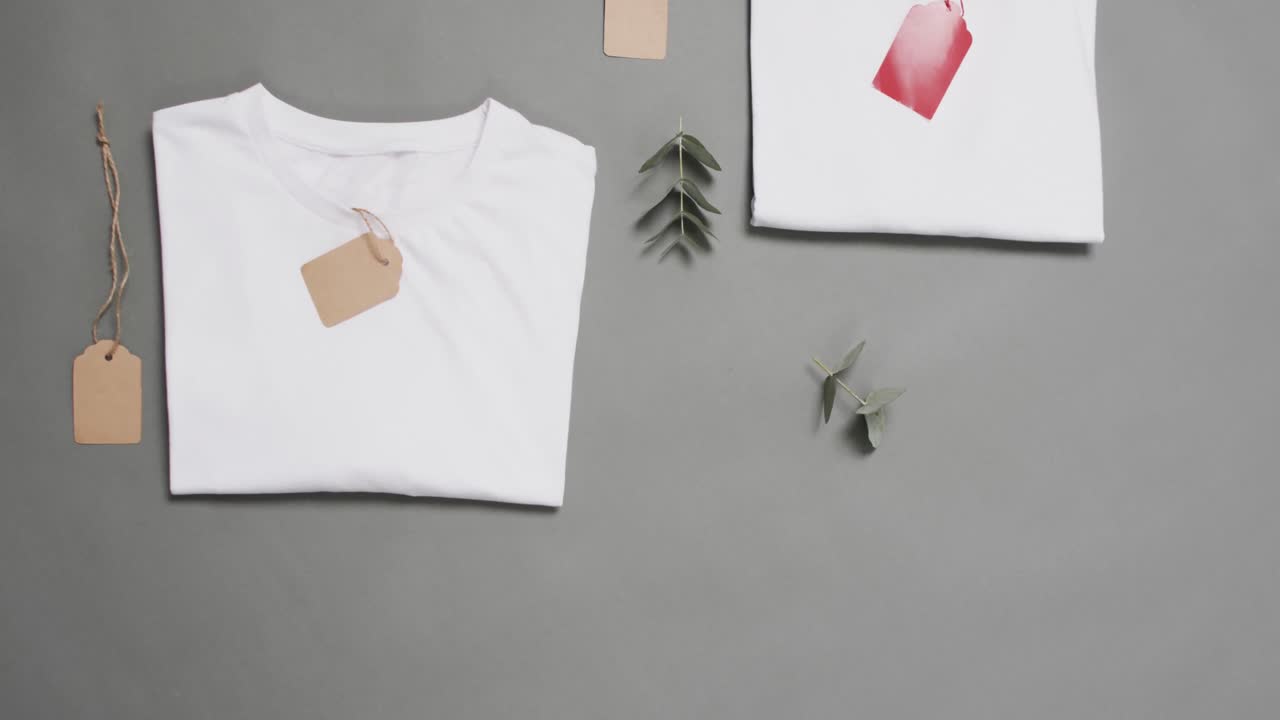 video de una capa plana de camisetas blancas con etiquetas y espacio de copia en un fondo gris