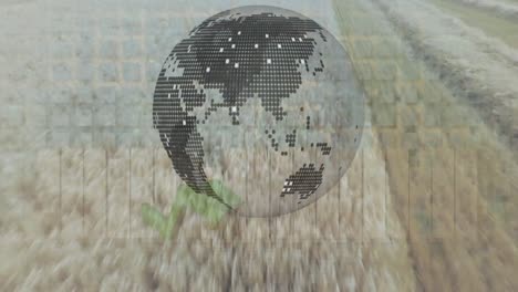 animation of globe and financial data processing over agriculture field