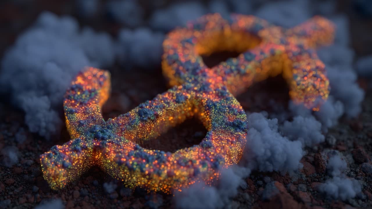 Eine fesselnde Darstellung eines schimmernden Symbols vor einem mysteriösen Hintergrund, beleuchtet von farbigen Partikeln und atmosphärischen Wolken.
