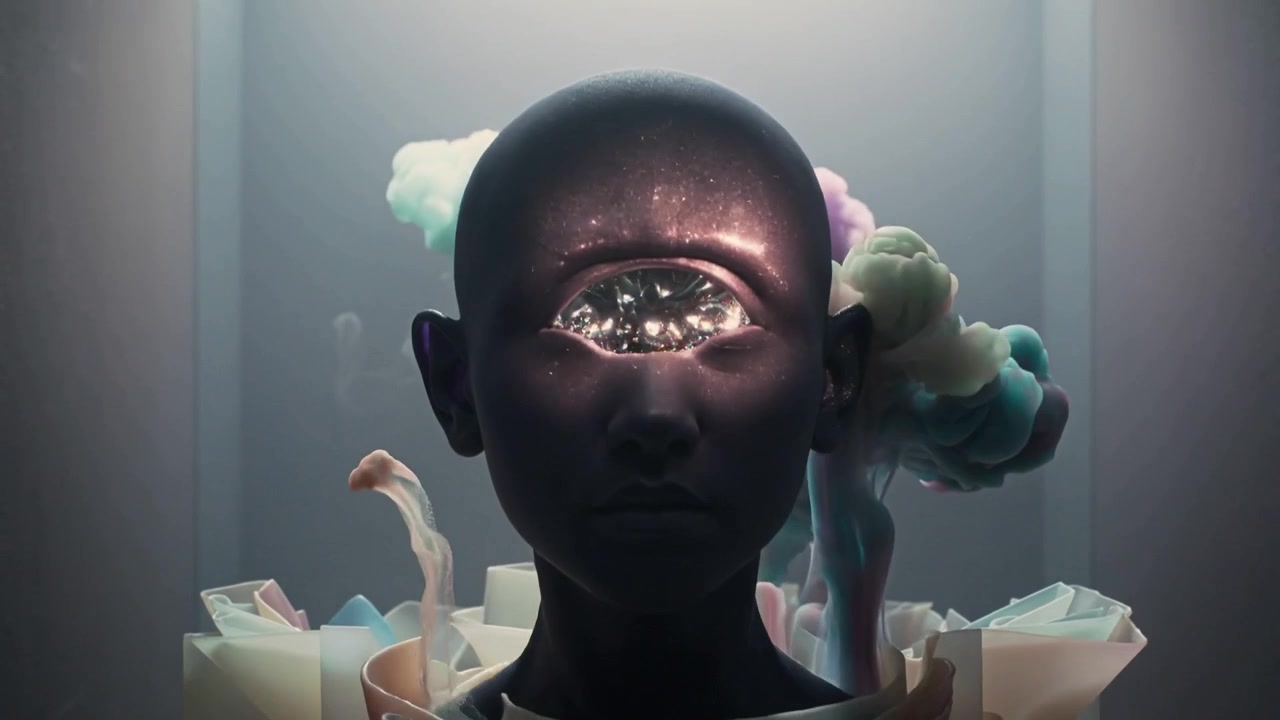 Lifting glossy dome, stylized head rising from paper petals in gallery, third-eye opening