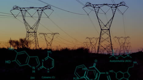 chemical structures with program codes and a background of transmission towers