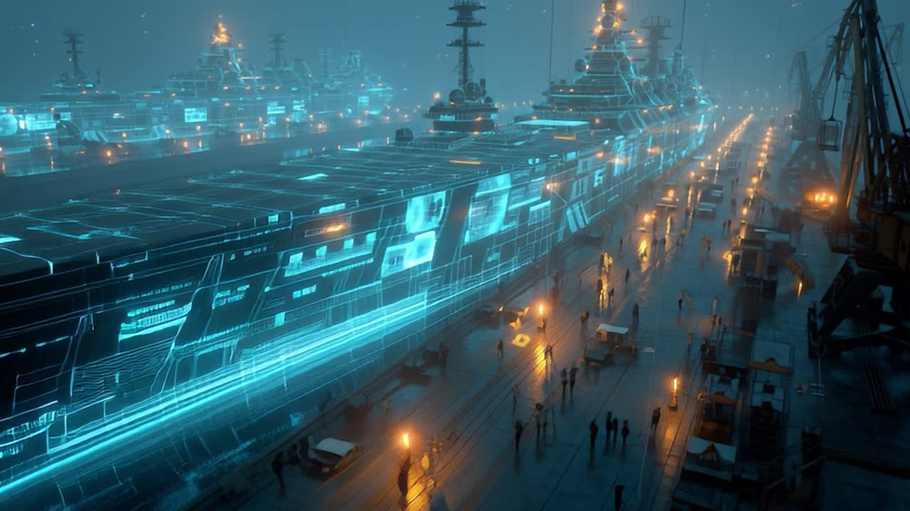 Futuristic shipyard bustling with advanced naval technology at night
