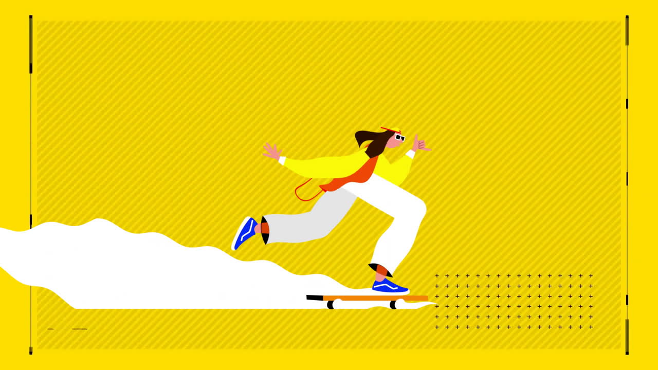 animación de un hombre en patineta sobre un fondo amarillo