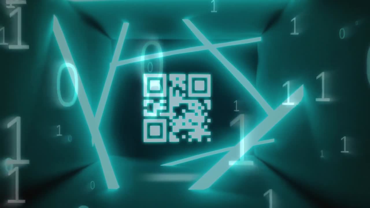 QR code scanner with neon elements against binary coding