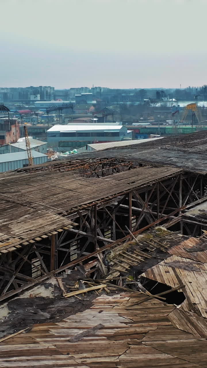 Aerial view of the largest abandoned factory. Factory ruins Vertical video