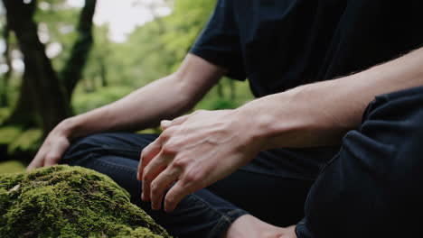 person sitting in a forest meditating