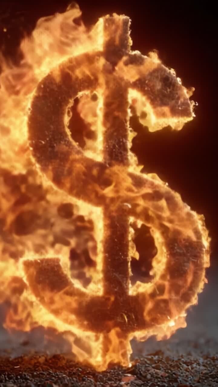 Una straordinaria rappresentazione del simbolo del dollaro avvolto da fiamme vivaci, che illustra l'intensa passione e la potenza associate alla ricchezza e alle aspirazioni finanziarie