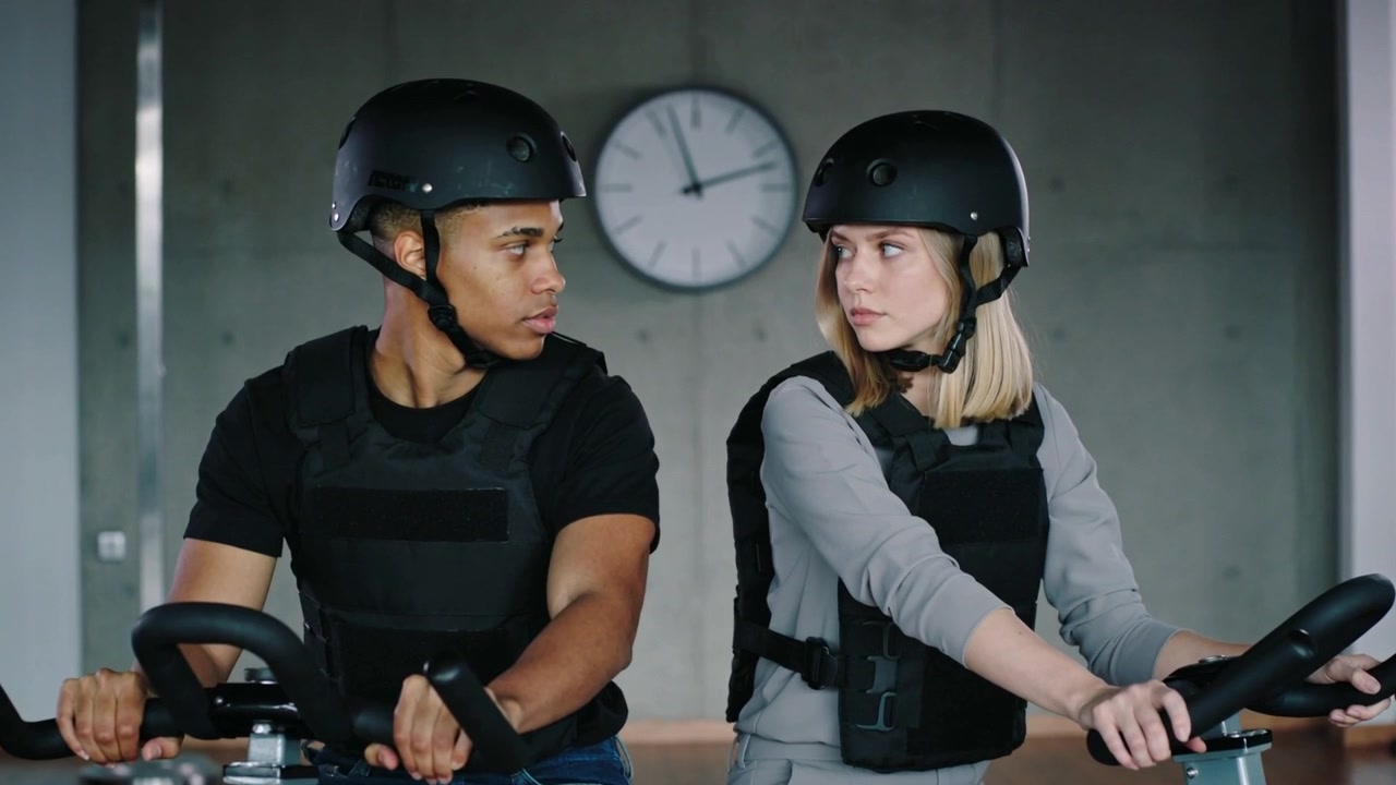 Glancing left rider starting eye contact while right rider turning in drill on bikes helmets vests