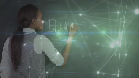 animation of network of connections over female student writing education text on blackboard