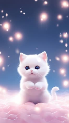 a whimsical video scene of a fluffy white kitten on a soft pink surface, captured from a low angle