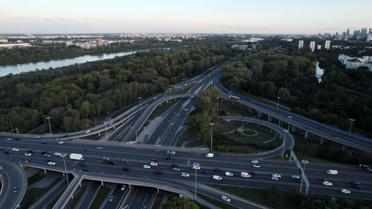 Aerial View of a Complex Highway Interchange and Cityscape