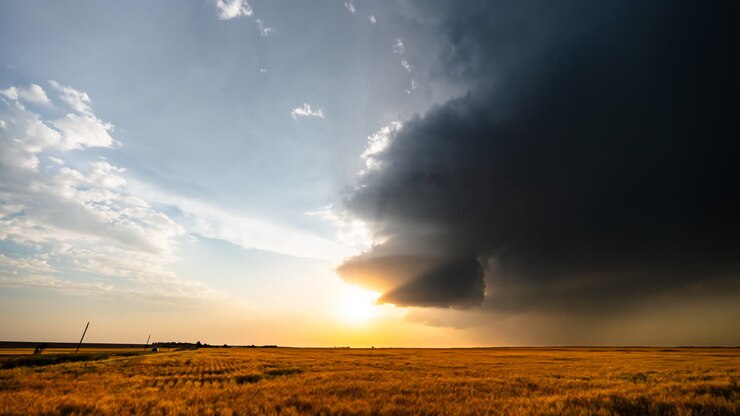 Dramatic Sunset with Supercell Storm over Wheat Field