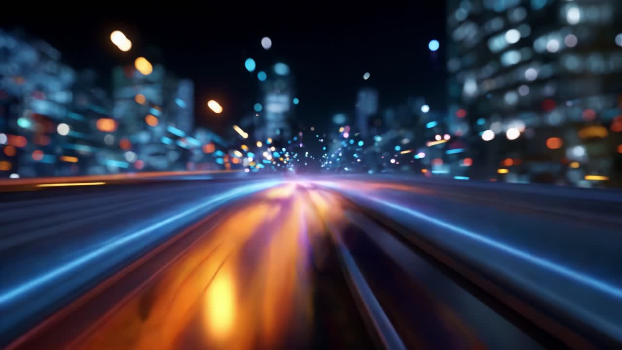 Paesaggio notturno urbano dinamico: un viaggio viscerale attraverso le luci sfocate della città e il movimento vivace che esprime l'energia di una metropoli fiorente ad alta velocità