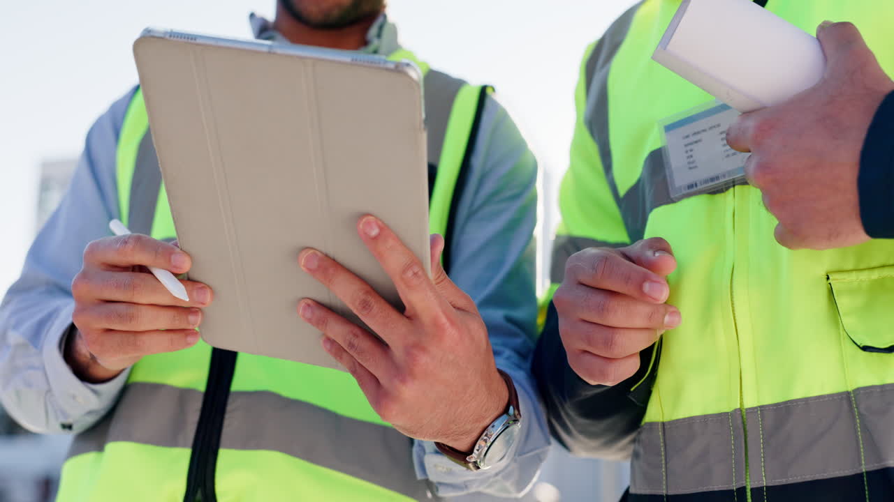 trabajadores de la construcción que utilizan tabletas para la planificación de proyectos