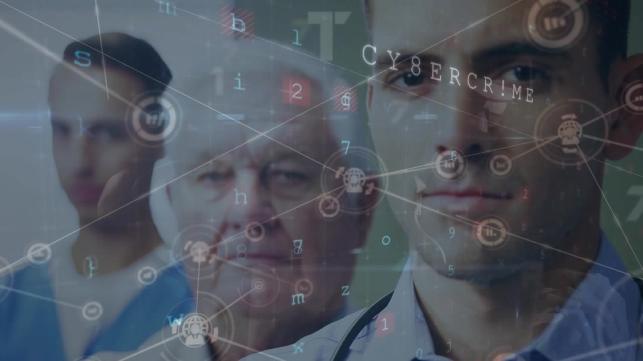 Animation of network of connections over caucasian male doctors smiling
