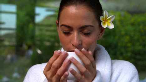 Hermosa-Morena-En-Bata-De-Baño-Bebiendo-Té-De-Hierbas-En-El-Spa