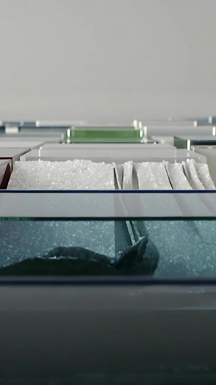 Vertical video: Moving camera revealing glass modules in gallery, showing blue and green inserts