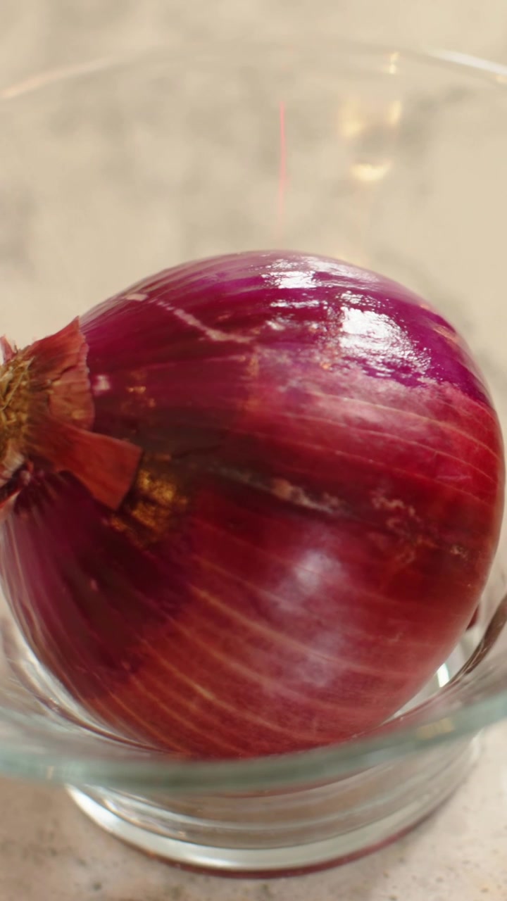 Vertical video: Rising camera showing red onion in glass bowl on marble counter, showing backsplash