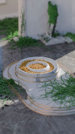 modern minimalist product display with gold beads and marble