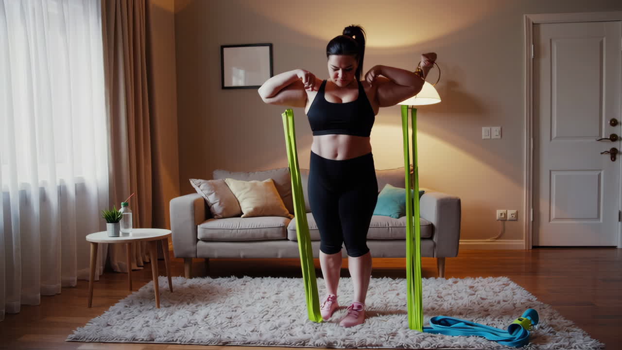 Plus-Size Woman Doing Resistance Band Exercises at Home