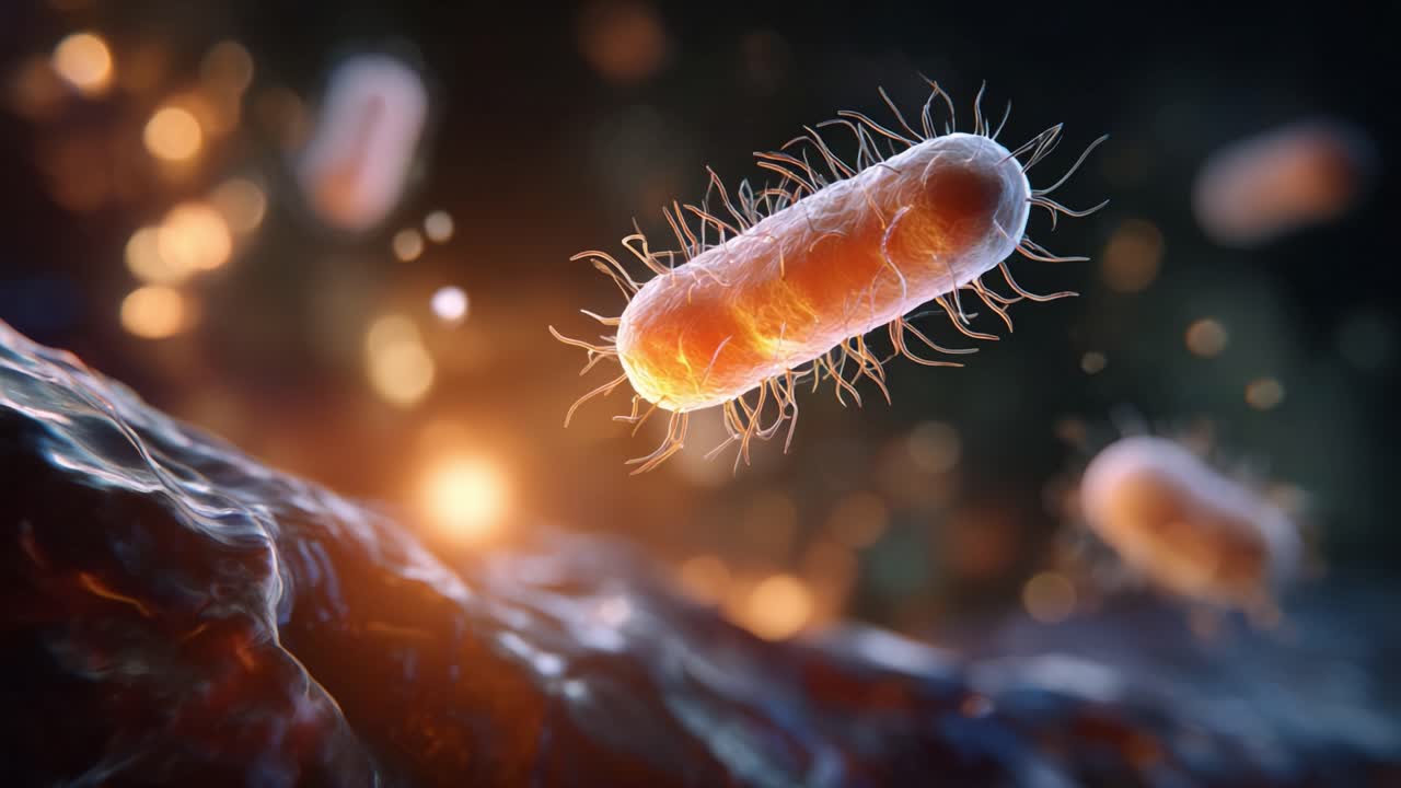 Incredible close-up view of a bacterium showcasing its intricate structure and dynamic movements in a vibrant microscopic environment filled with glowing elements