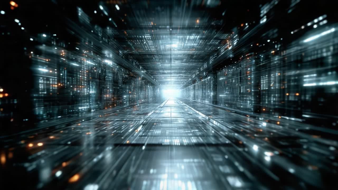 A Glimpse into the Digital Abyss: Exploring the Dynamic Journey Through an Illuminated Tunnel of Pulsating Lights and Futuristic Structures