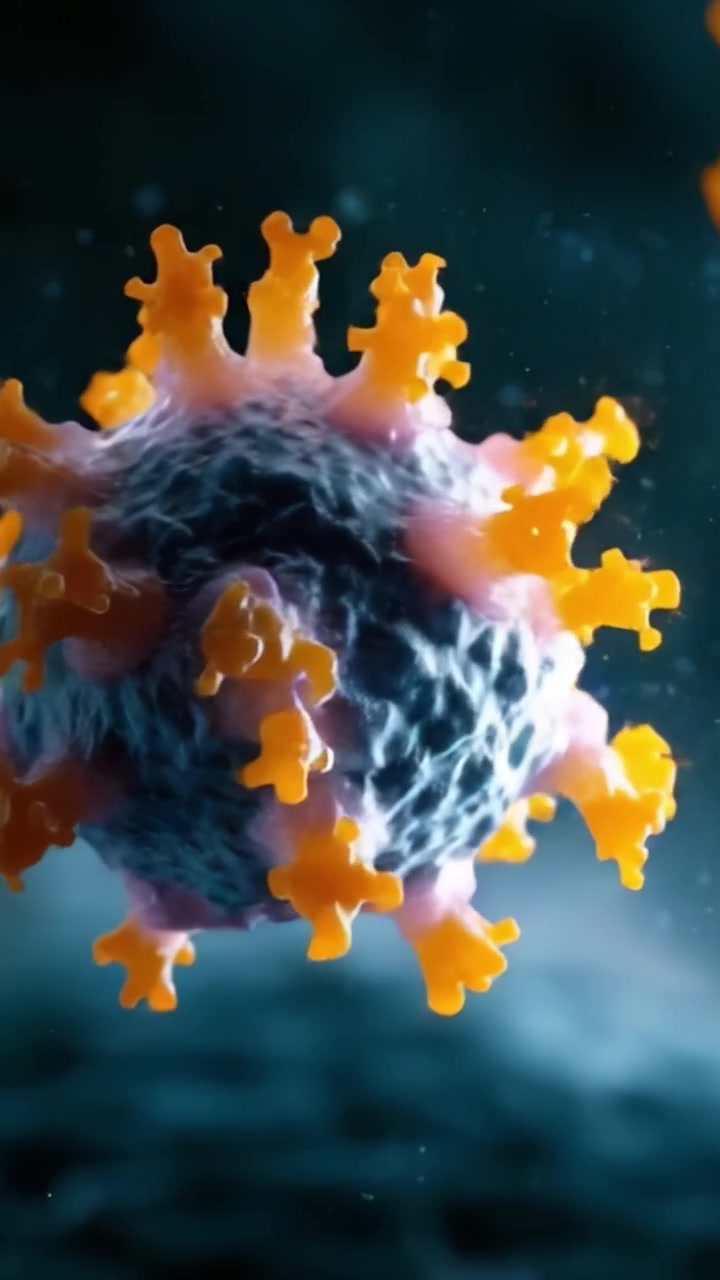 Mikroskopisk visualisering af en virus med tydelige overfladeproteiner, fanget i en højopløselig gengivelse, der demonstrerer indviklede strukturer og levende farver.