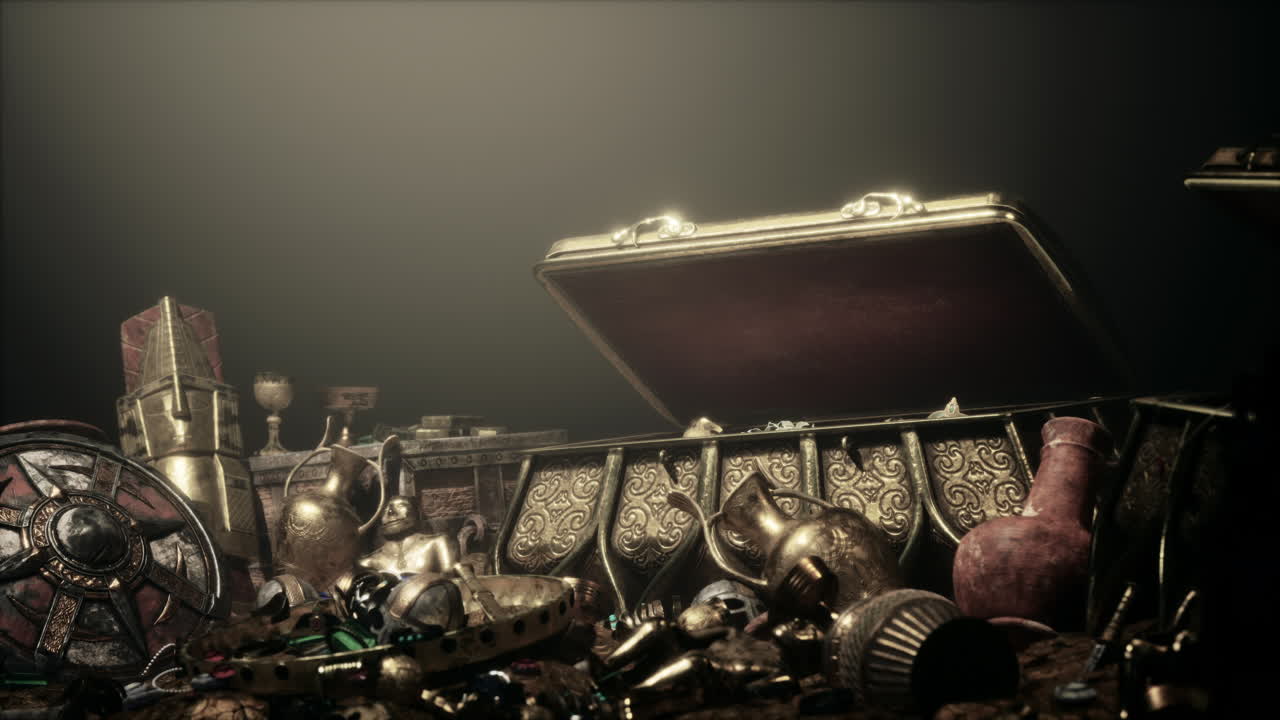 금과 유물로 가득 찬 고대 보물 상자