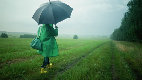 back view of woman in green raincoat carrying mint-colored bag, opening umbrella while walking along a path surrounded by greenery and trees under a misty sky