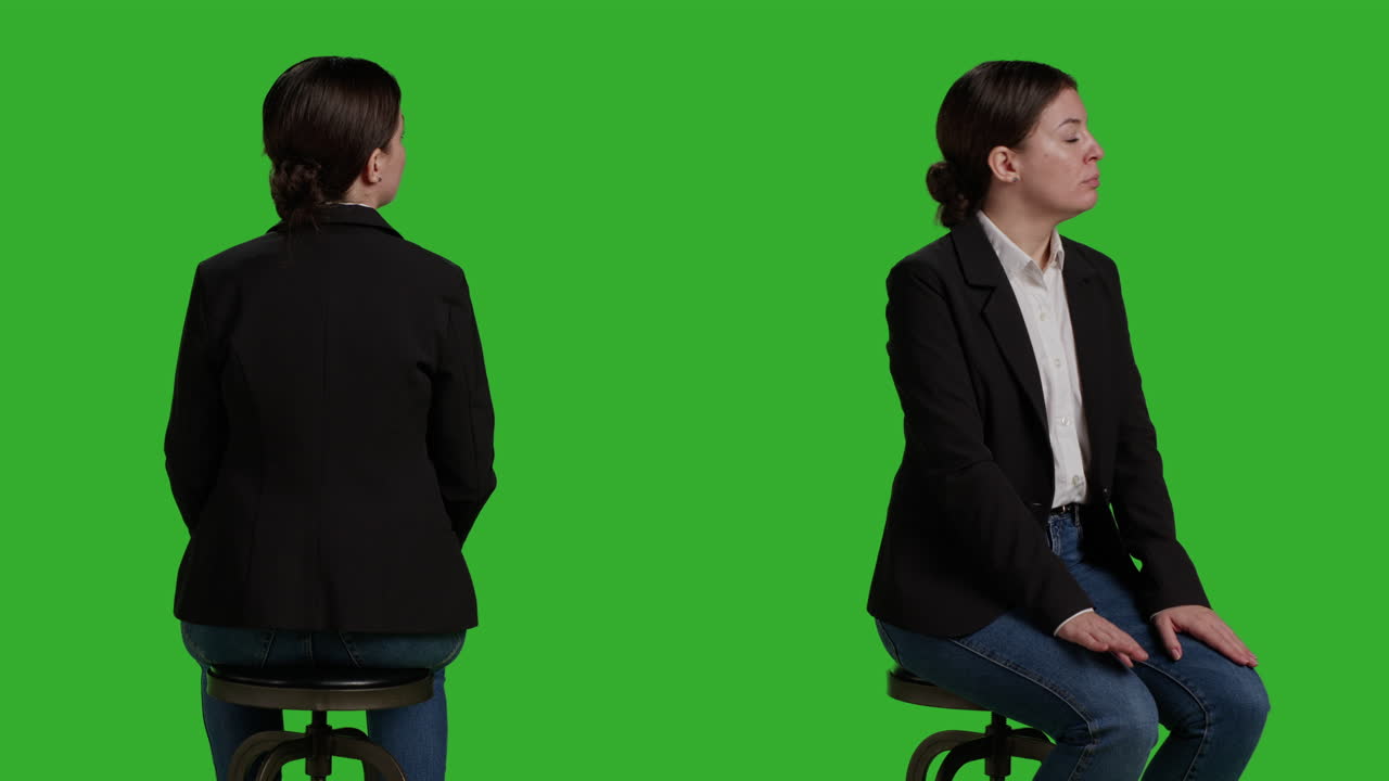 Businesswoman sitting on a stool in front of a green screen