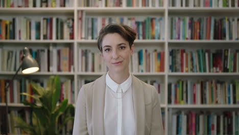 Retrato-De-Una-Joven-Y-Hermosa-Bibliotecaria-Con-Traje-Elegante-Esperando-En-La-Biblioteca-Comprobando-El-Tiempo-Del-Reloj-De-Pulsera-En-El-Fondo-De-La-Estantería