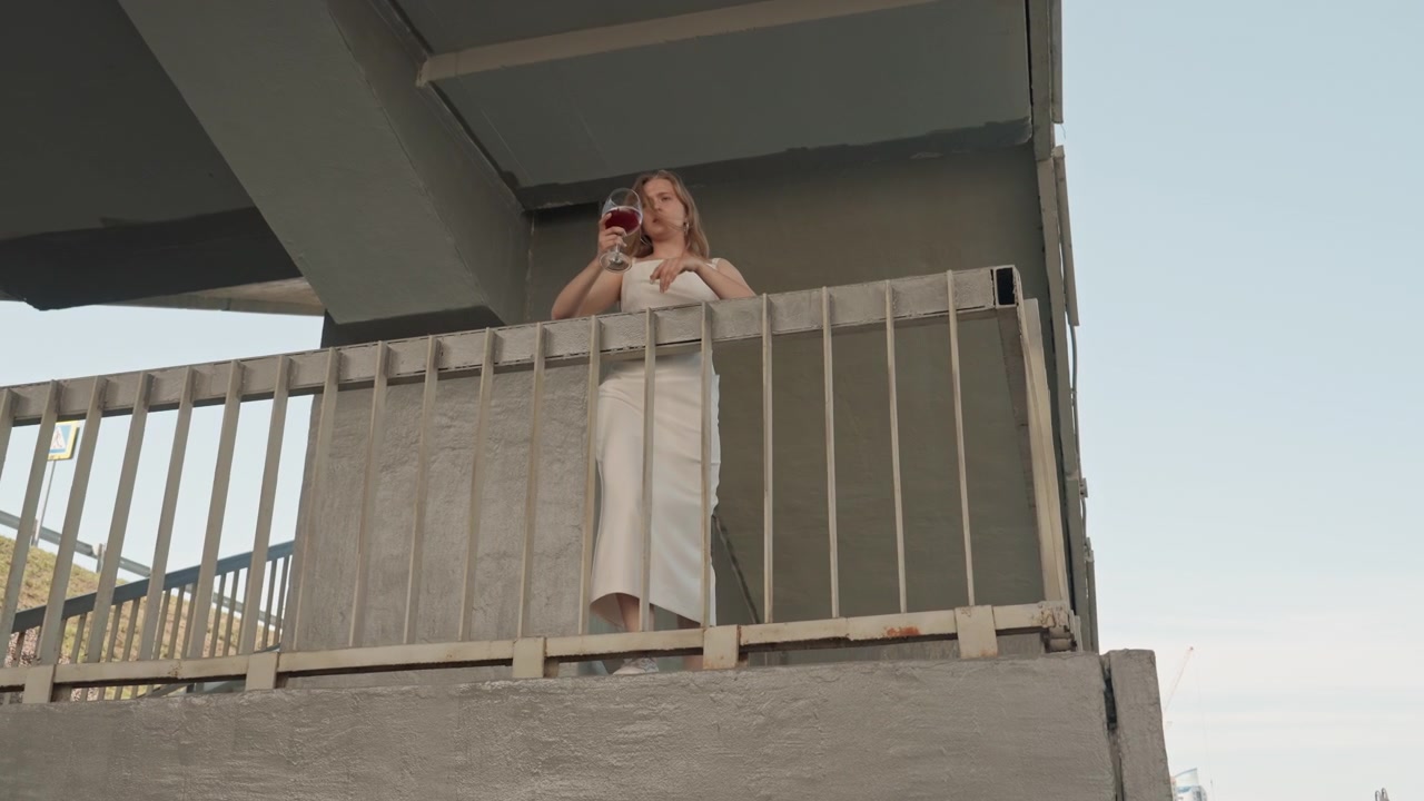 Una donna in abito bianco si trova su un balcone rialzato in cemento sotto una struttura, tenendo e sorseggiando occasionalmente un bicchiere di vino rosso. L'ambientazione include ringhiere metalliche con macchie di ruggine visibili.
