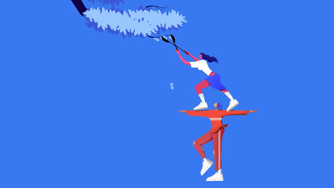 metáfora. bucle sin costuras. una chica está cortando dinero de un árbol de dinero, mientras un hombre de rojo la apoya.