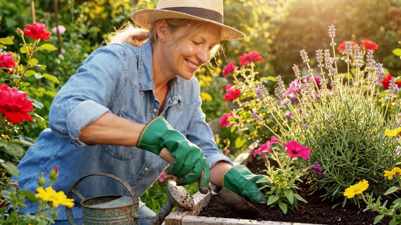 Uma Jardineira Cuidando de Seu Canteiro de Flores: A Alegria de Plantar e Regar Flores em um Cenário de Jardim Colorido Sob o Sol Brilhante