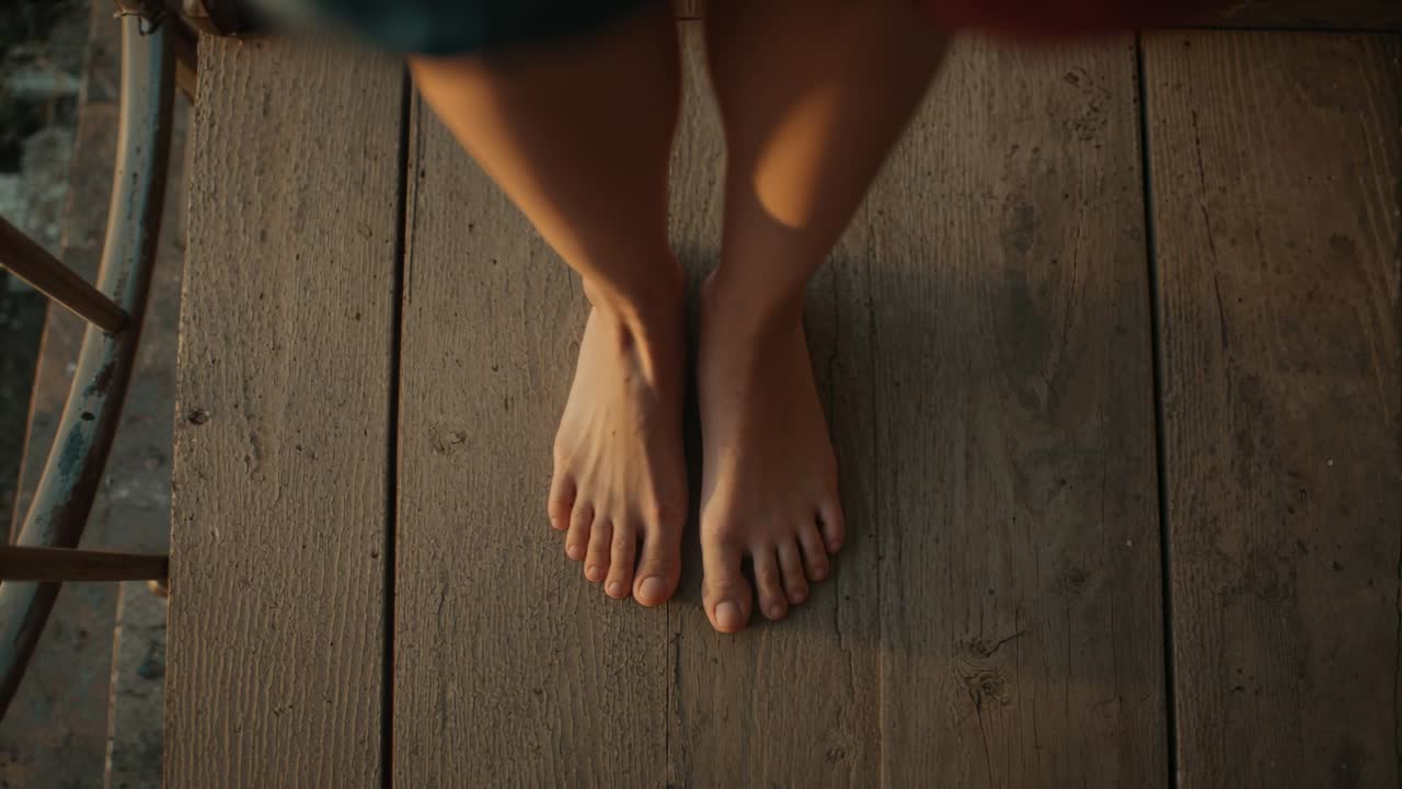 Žena přenáší váhu na prknech paluby, kříží a vrací nohy pro lifestylovou fotografii.