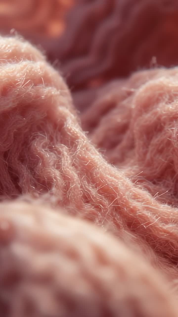 Vertical video: Shifting camera lens moving focus across pink knit at start, revealing wool fuzz